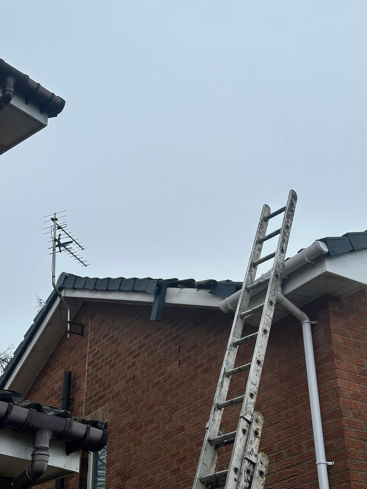 Brick gable with dry verge units along the roof edge, one hanging loose and the next few missing