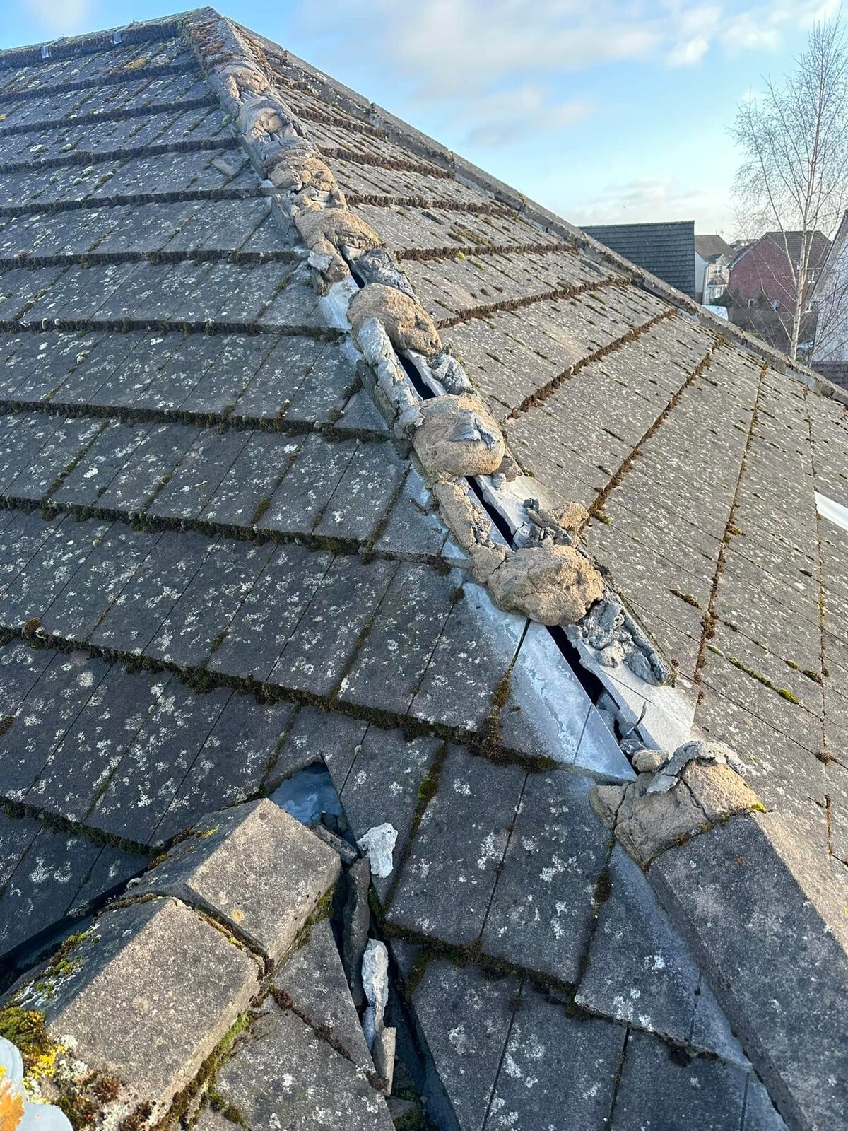 Hip of a concrete-tile roof with the hip tiles lifted and the old mortar bedding showing