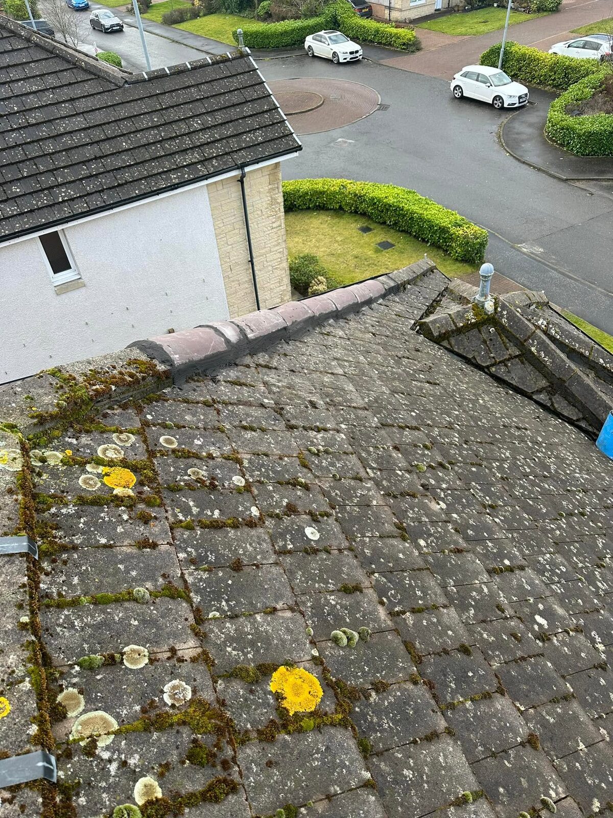 Looking down over a concrete-tile roof at a ridge of half-round tiles freshly bedded in mortar